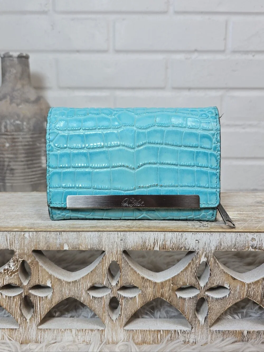 Patricia Nash Turquoise Croc Embossed Tri Fold Wallet